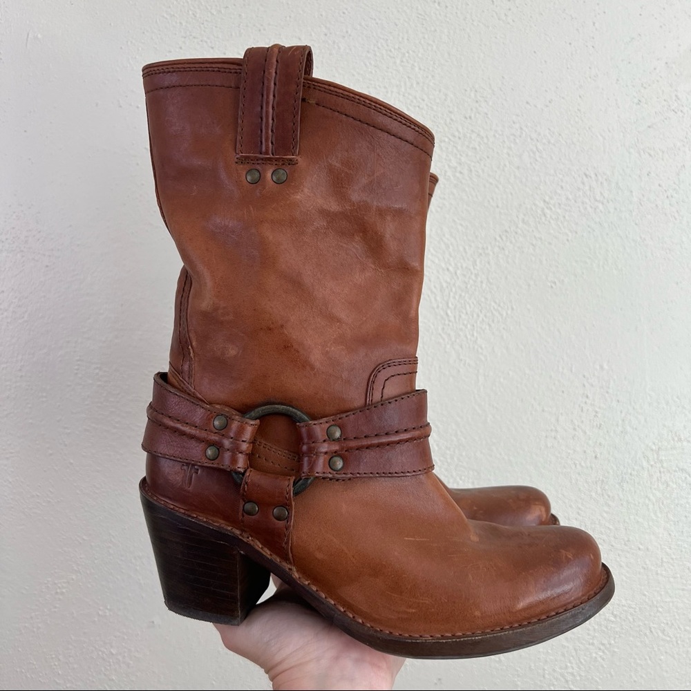 Frye Carmen Mid Calf Harness Boots Soft Brown Leather Size 6.5
